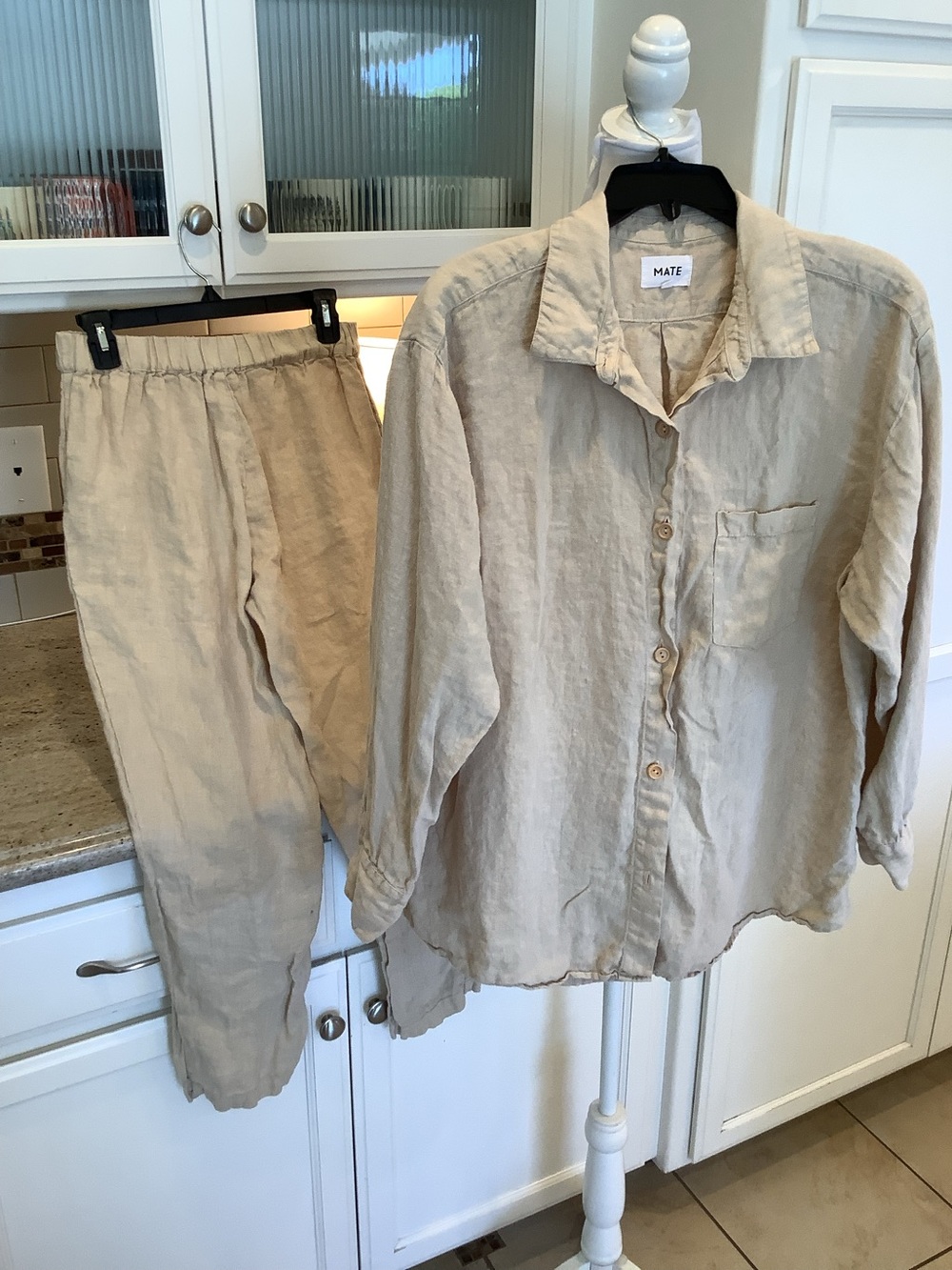 MATE Linen Button Down Shirt and Pants Set in Beige Size Medium